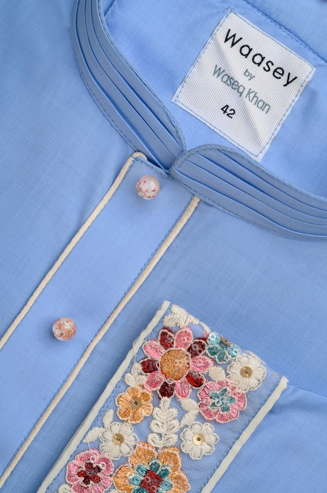 Light Blue Floral Embroidered Panjabi